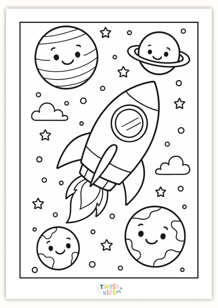 Free Rocket and Planets Coloring Page