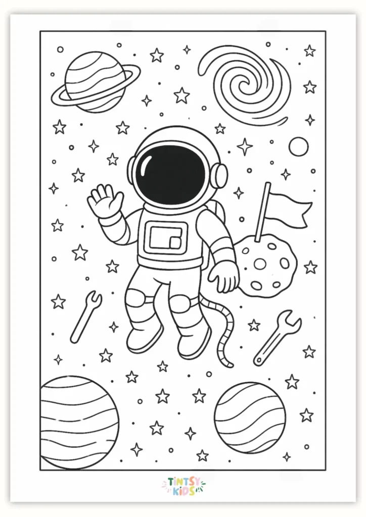 Free Astronaut Floating In space coloring page printable