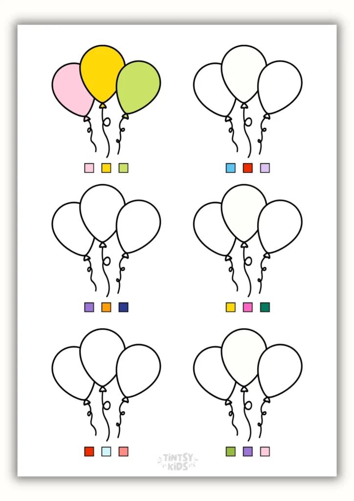 Balloon color activity worksheet free printable