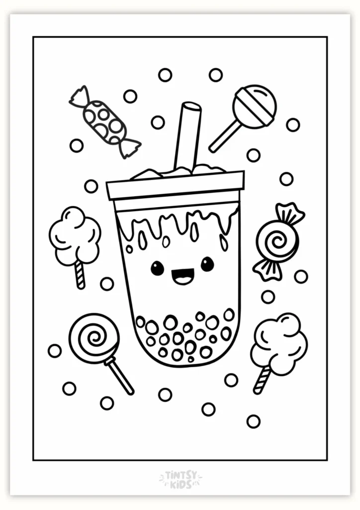Free Bubble Tea & Sweets Coloring Page Printable. food and treats coloring pages
