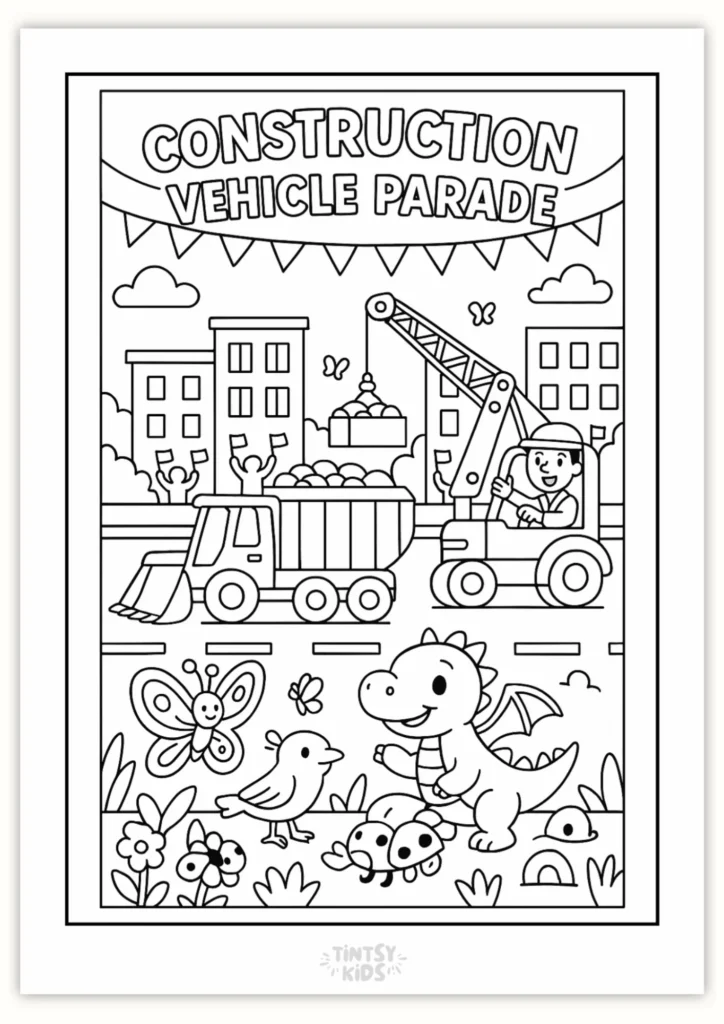 Free Construction Vehicle Parade Coloring Page