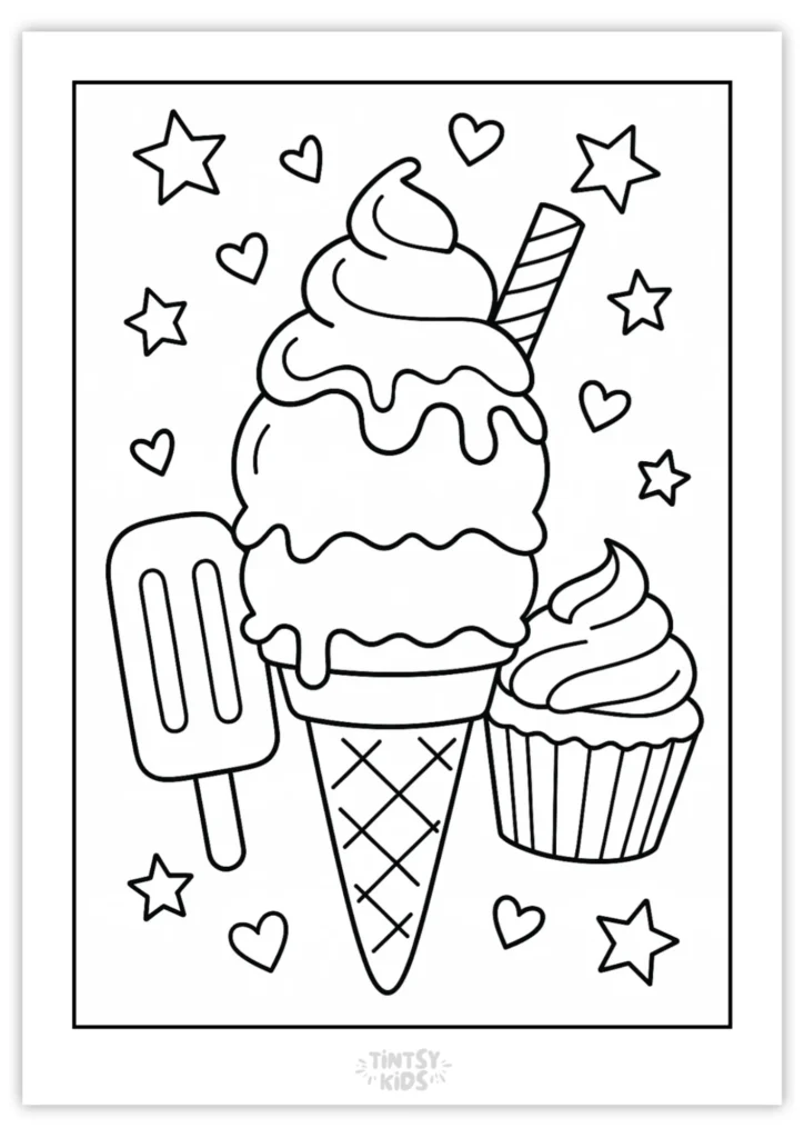 Free icecream & cakes coloring page