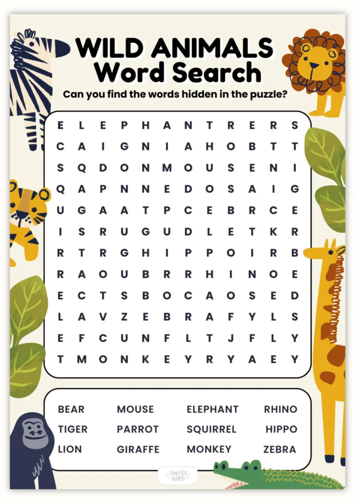 Free Wild Animals Word Search
