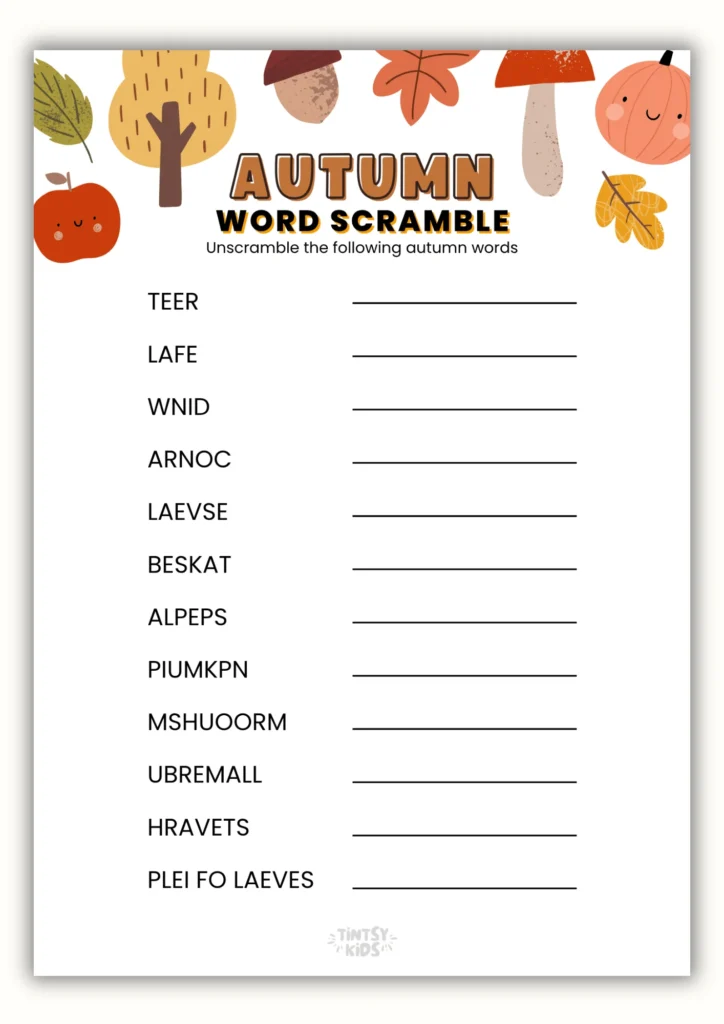 Free Printable Autumn Word Scramble