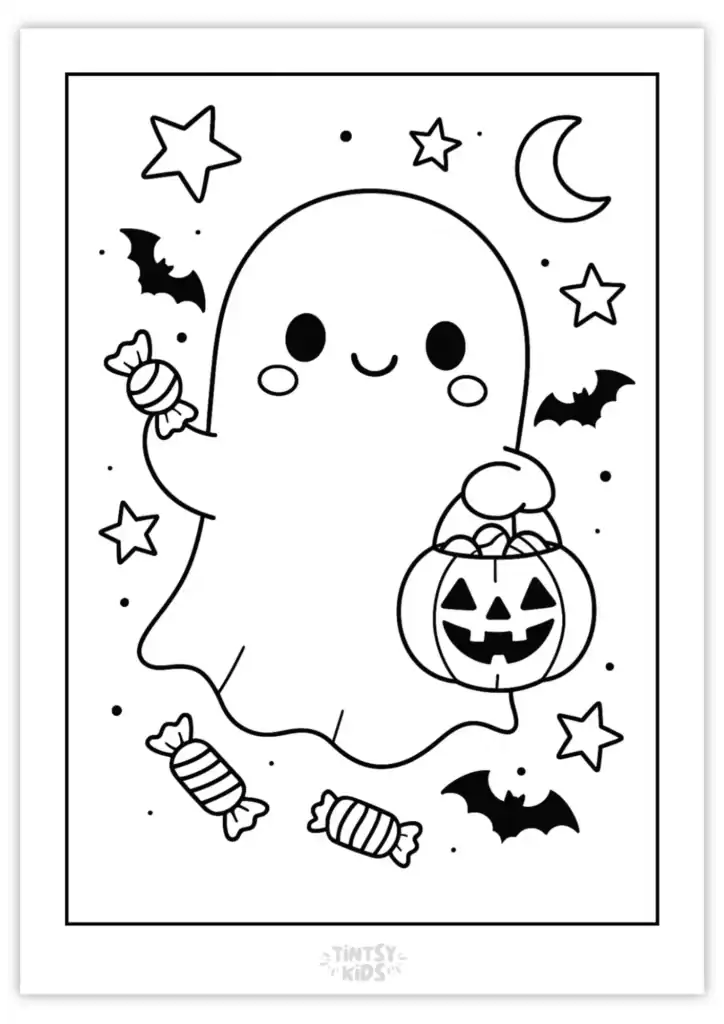 free cute ghost with treats coloring page
