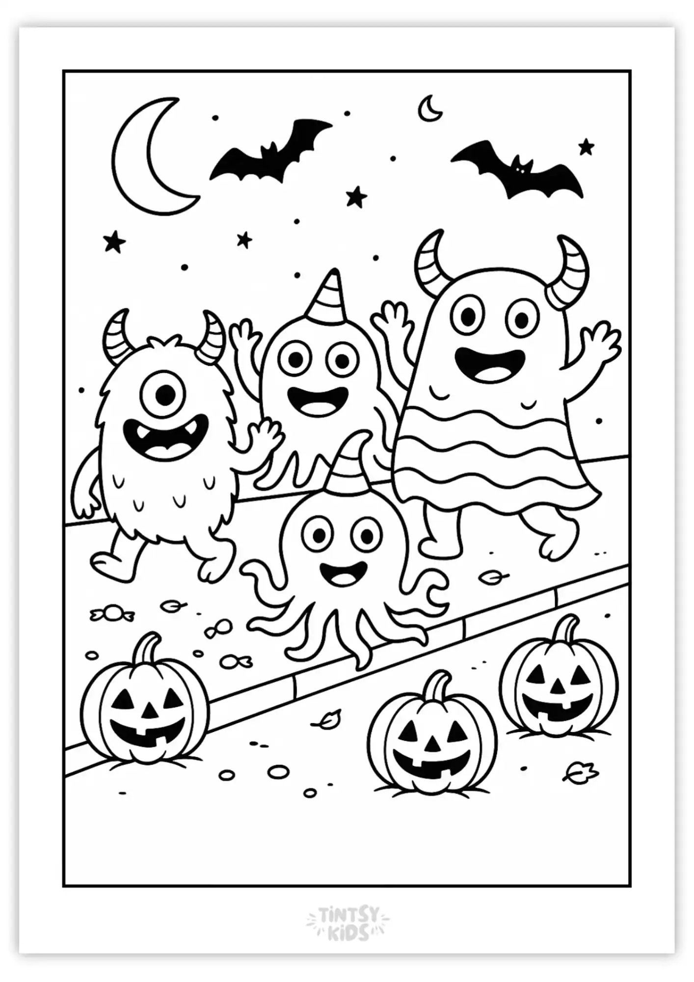 Free cute monster party halloween coloring page