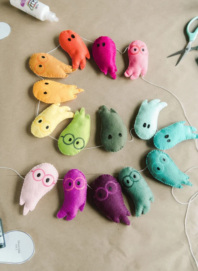Colorful hand-sewn ghost garland