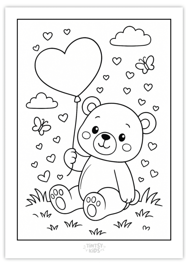 Free Teddy Bear with Heart Balloon coloring page
