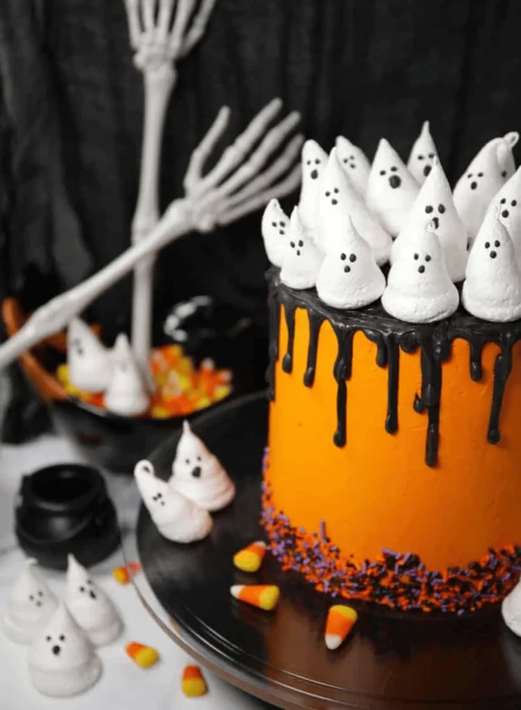 Meringue Ghosts Halloween Cake