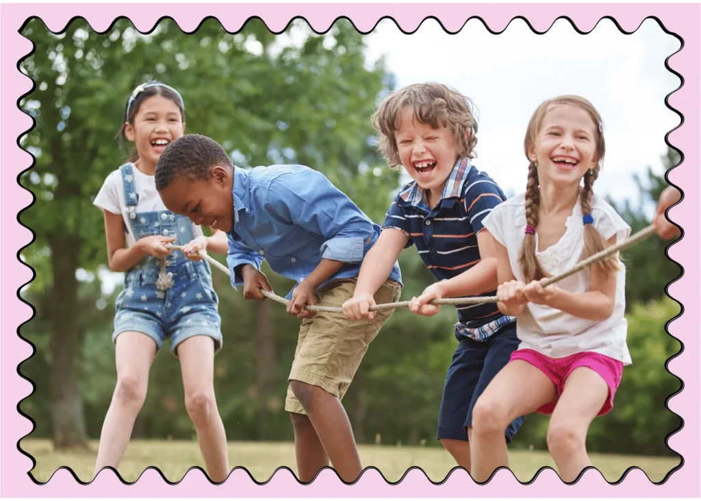 Kids playing tug of war. Backyard games for kids