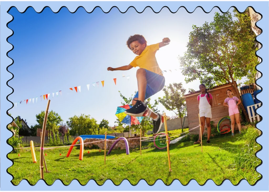 Child using an obstacle kids on a sunny day. Backyard games for kids