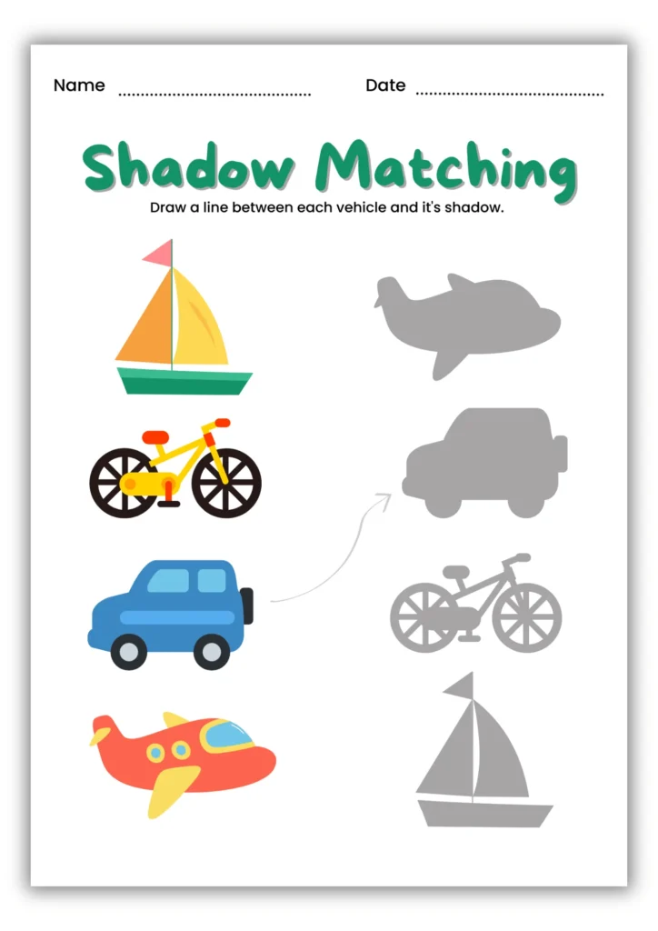 Free printable - shadow matching with vehicles