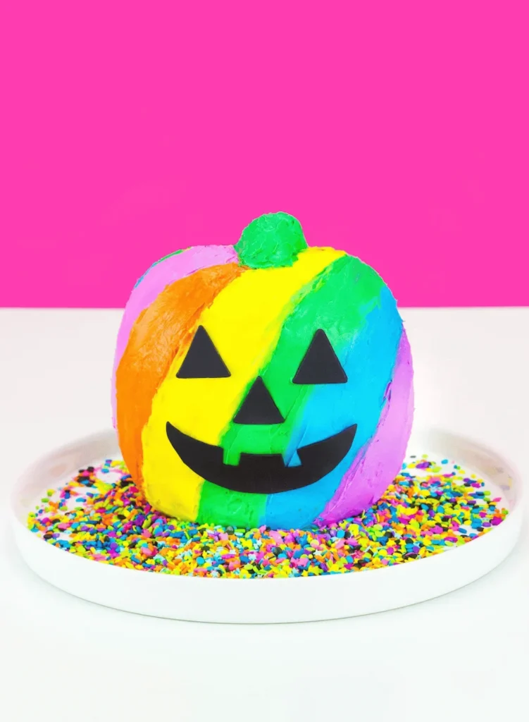 Lisa Frank Inspired Rainbow Jack-O-Lantern Cake