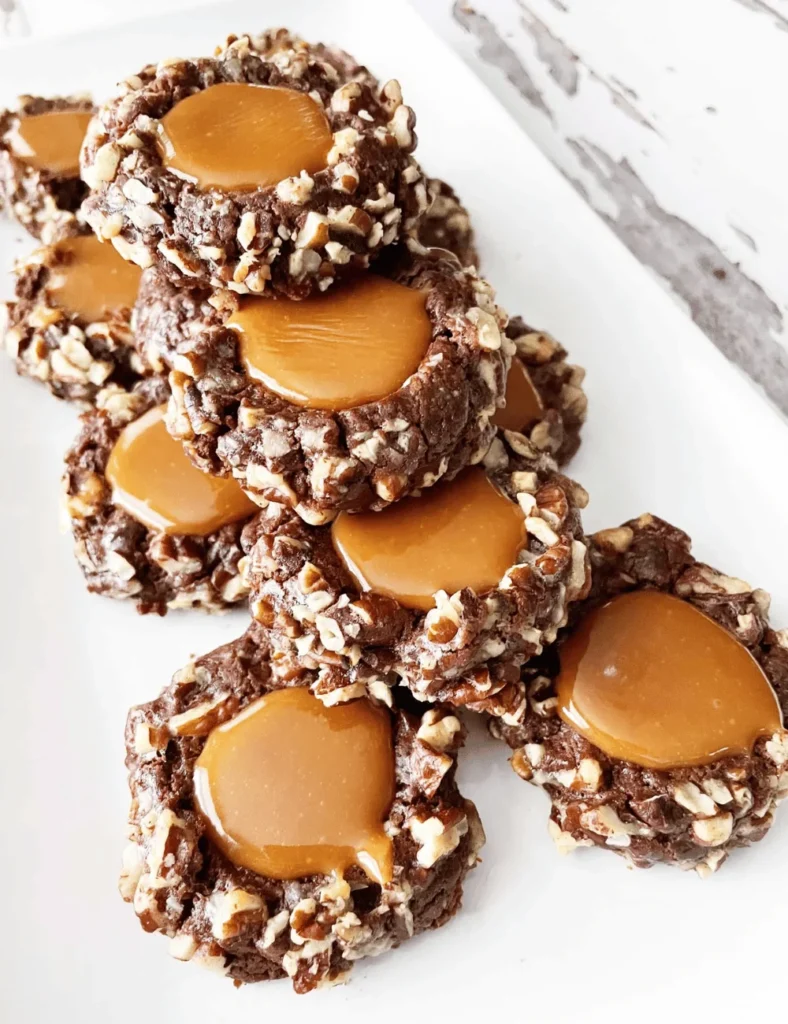 Skinny Chocolate Turtle Thumbprint Cookies