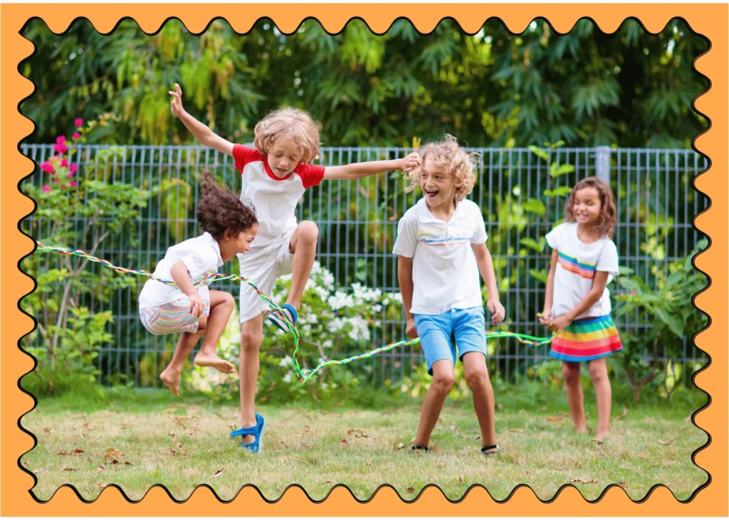 four kids using a skipping rope