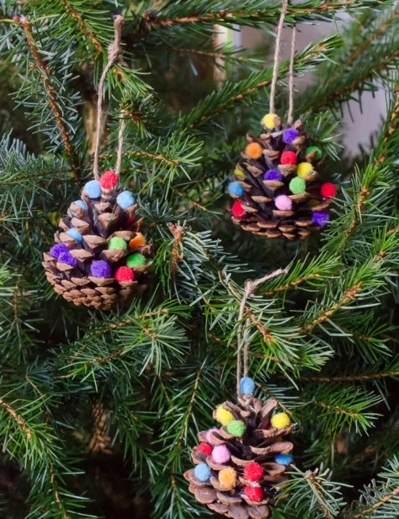 Pom Pom Pine Cones Ornaments. DIY Christmas Tree Ornaments