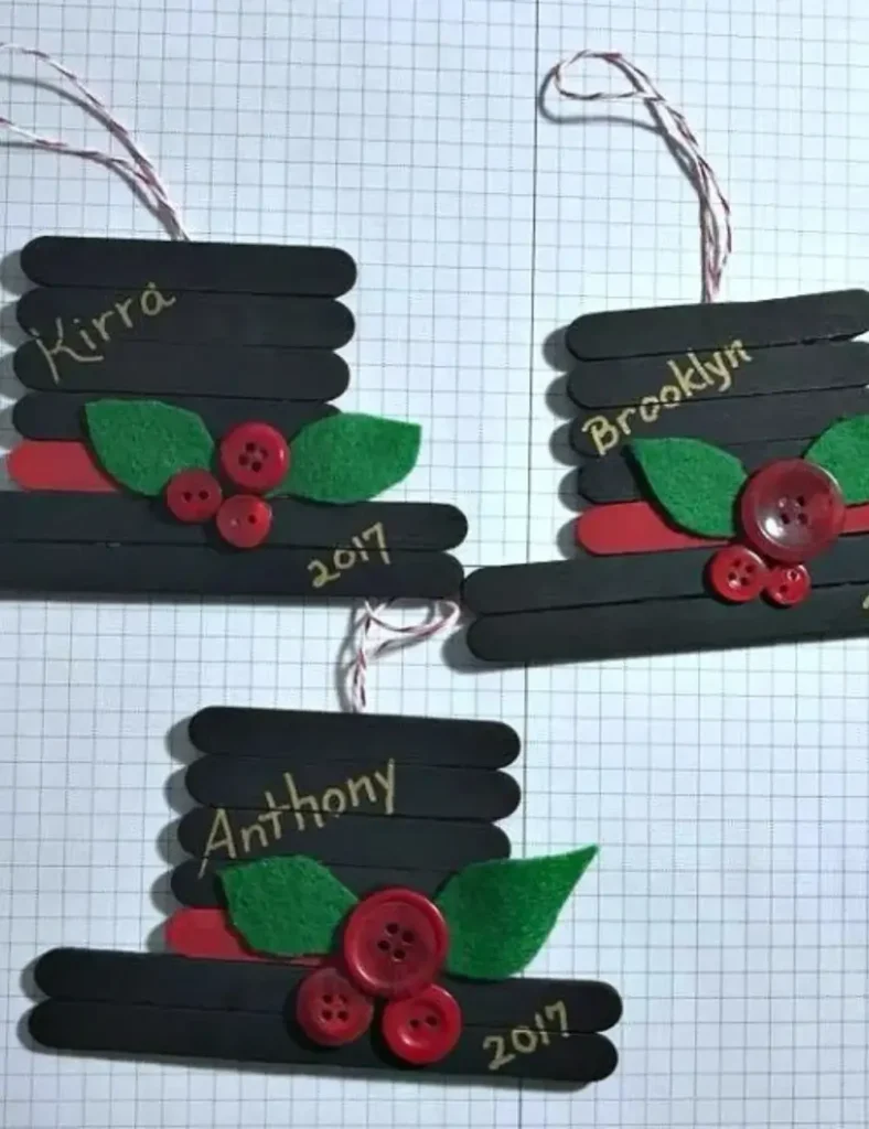 Popsicle Stick Snowman Hat Ornaments. DIY Christmas Tree Ornaments