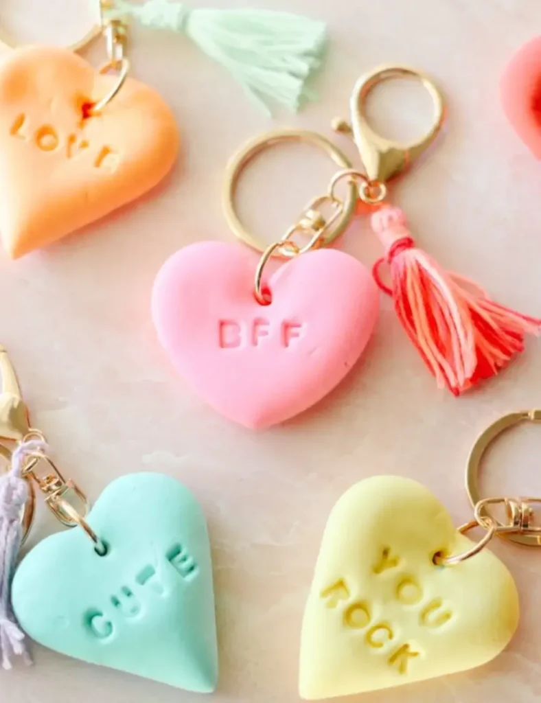 air dry clay heart keychains. Valentine’s Day Clay Crafts